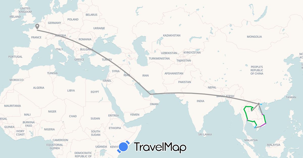 TravelMap itinerary: driving, bus, plane, train, boat in United Arab Emirates, France, Cambodia, Laos, Thailand, Vietnam (Asia, Europe)